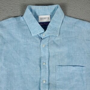 Alan Flusser Shirt Mens  Large Blue Linen Casual Button Up Short Sleeve